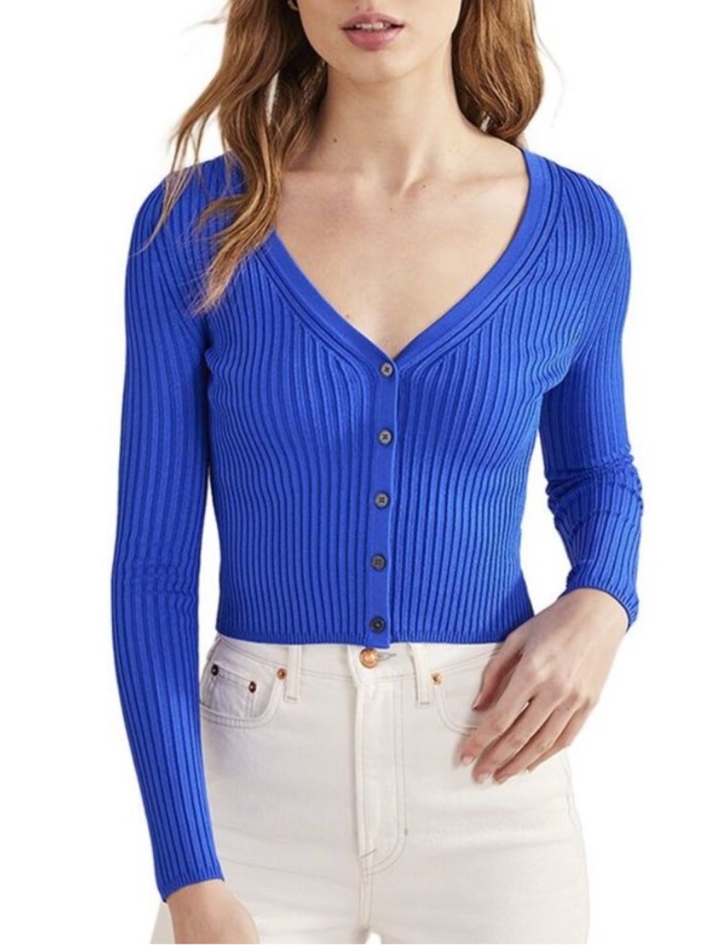 Boden Cobalt Blue Cropped Wide Neck Rib Cardigan